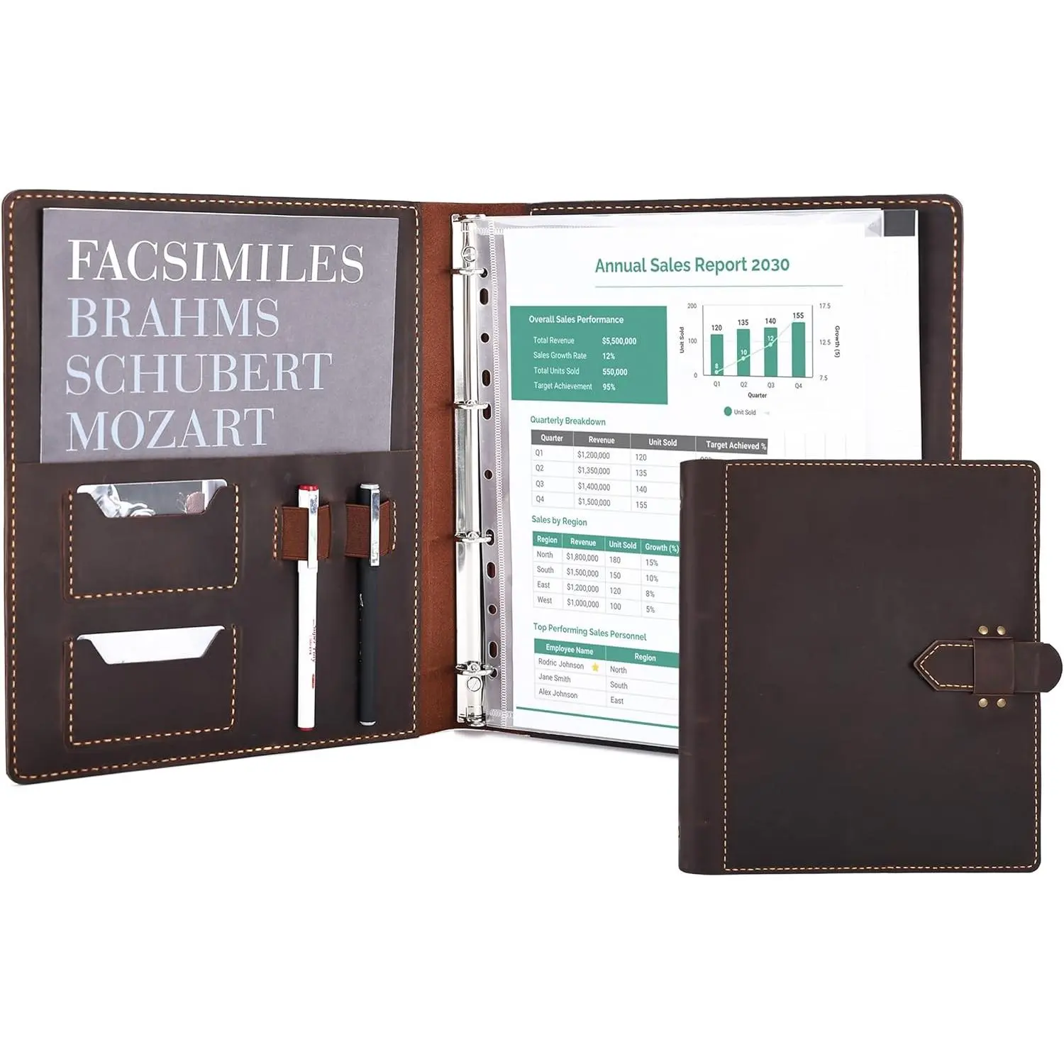 Leather Portfolio Binder Resume Folder 4-Ring Organizer -  Genuine Cowhide Padfolio for Men Women Large Capacity Holds A4 Files Business Card Holder Pen Slots for Interview Conference(D.Brown)