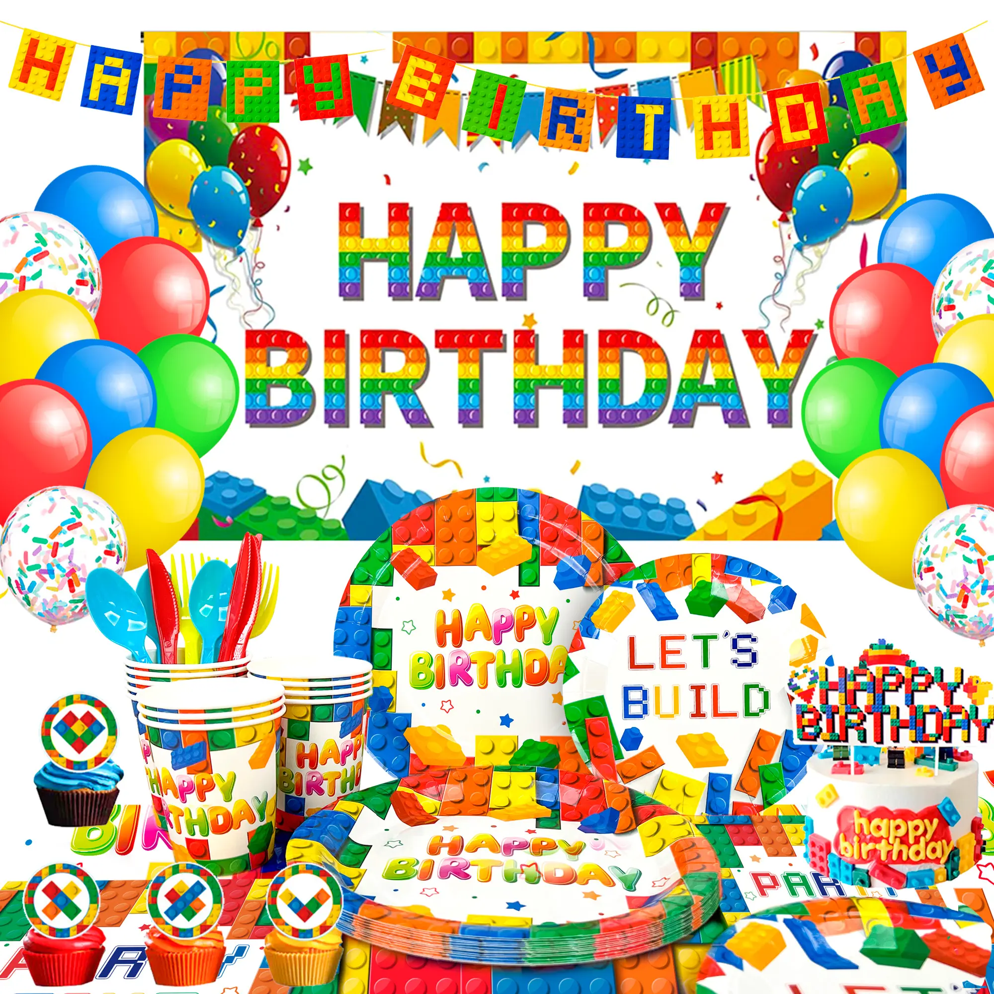 Building Blocks Birthday Party Supplies for kids,114pcs Building Block Party Decorations&Building Blocks ballon Set - Building Blocks Party Plates Napkins Backdrop Balloons etc Building Block Party Supplies