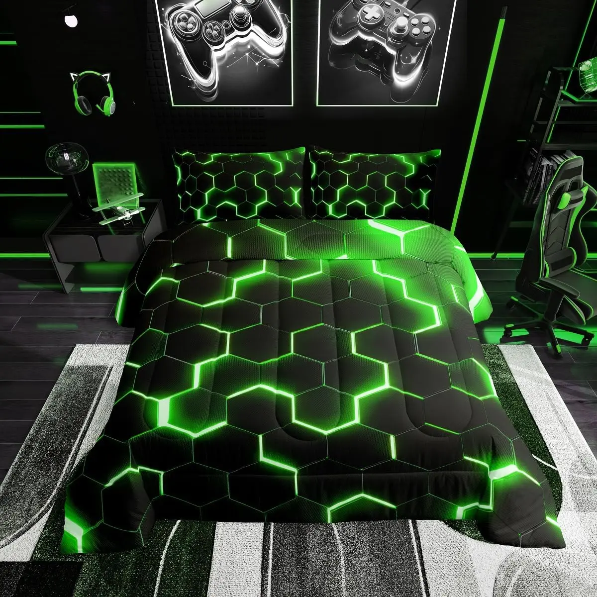 Feelyou Geometric Quilted Microfiber Comforter Set - Green Black Neon Light Honeycomb Hexagons Bedding, Multi-Size Travel-Friendly Modern Home Decor Duvet Set, Microfiber Bedding Set