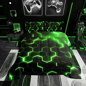 Feelyou Geometric Quilted Comforter Set - Green Black Neon Light Honeycomb Hexagons Bedding, Multi-Size Travel-Friendly Bedroom Bedding Set, Modern Duvet for Home Decor