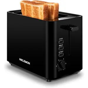 2 Slice Mini Toaster Wide Slots for Bagels 6 Browning Settings Cancel Defrost Reheat Fits 10x10cm Bread Black