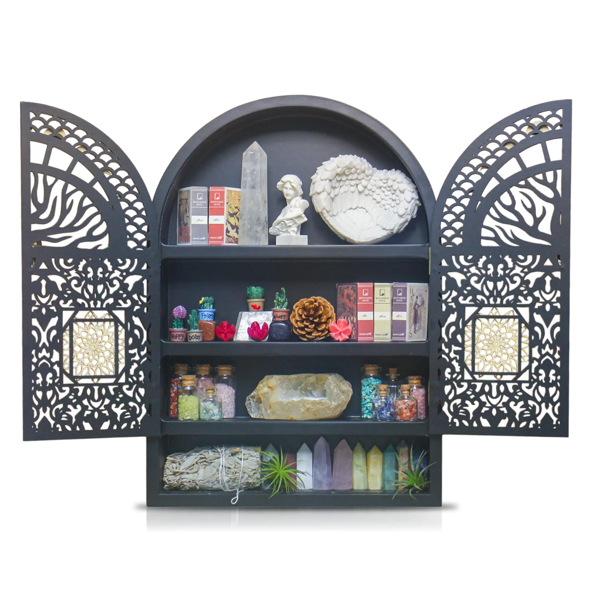 FNYDOX Large Wooden Crescent Moon Phase Wall Shelf - Crystal Display Holder Organizer for Gem Stone Rocks, Tree of Life Spiritual Home Decor