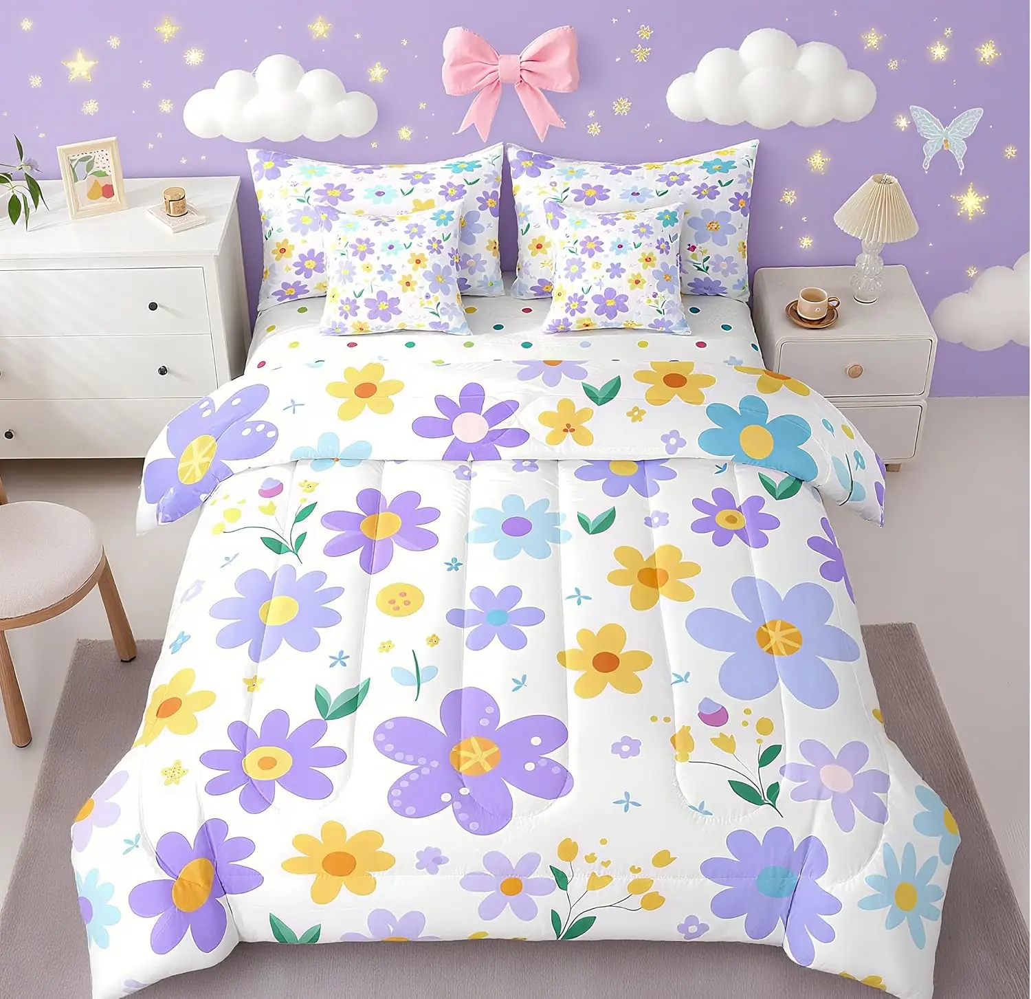 Feelyou 7-Piece Kawaii Bedding Set - Queen, Multi-Size Option, Purple-Yellow Cartoon Floral Design, Durable Cover, Cozy Setup for Girls, Includes Comforter & Sheets, Machine Washable (Bedding Sets Collections), Floral Bedding