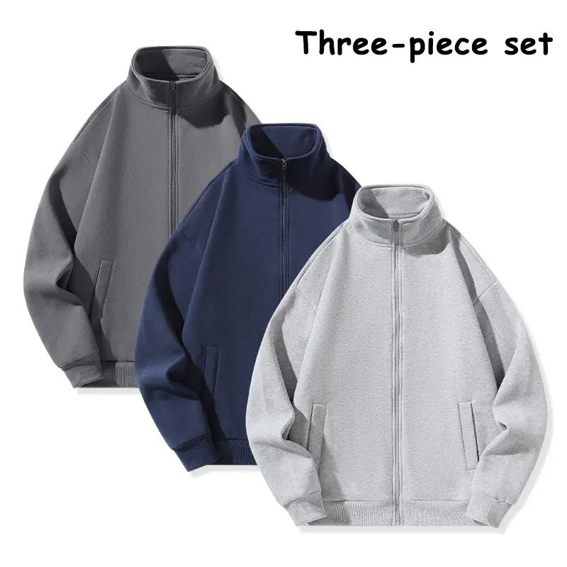 Men's 3-Pack Plain Loose Long-Sleeve Polyester Menswear Street-Style Basic Zip-Up Sweat Jackets, Mixed Neutral Solid Colors, Stand-Collar Lightweight Casual All-Day Outerwear Tops