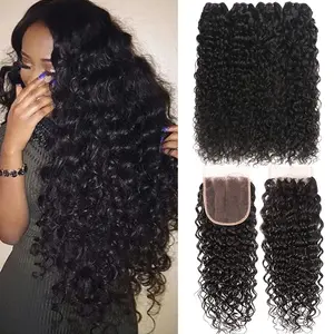 Water Wave Bundles With Closure Human Hair Free Part 12a Brazilian Hair Bundles And Closure Unprocessed Water Wave Human Hair Bundles With 4x4 Lace Closure Natural Color