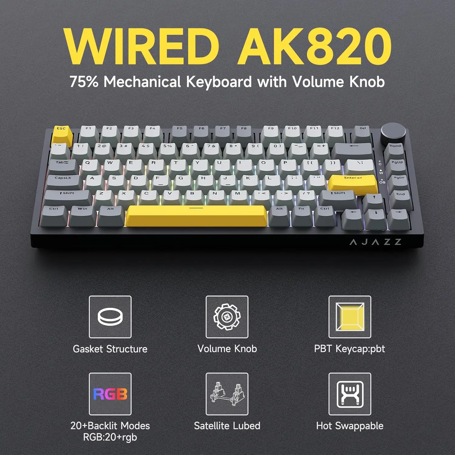 Ajazz AK820 75% Hot Swappable Mechanical Keyboard - Gasket Mount Wired, Volume Knob, Pre-lubed Linear Switch, South-Facing RGB, PBT Keycaps, Creamy Typing Feel, PC Gaming & Office Mechanical Mech Keyboards Accessory