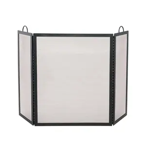 212 MAIN Large 3-Fold Black Wrought Iron Fireplace Screen with Bellows, Home Decor Fireplace Furnishings