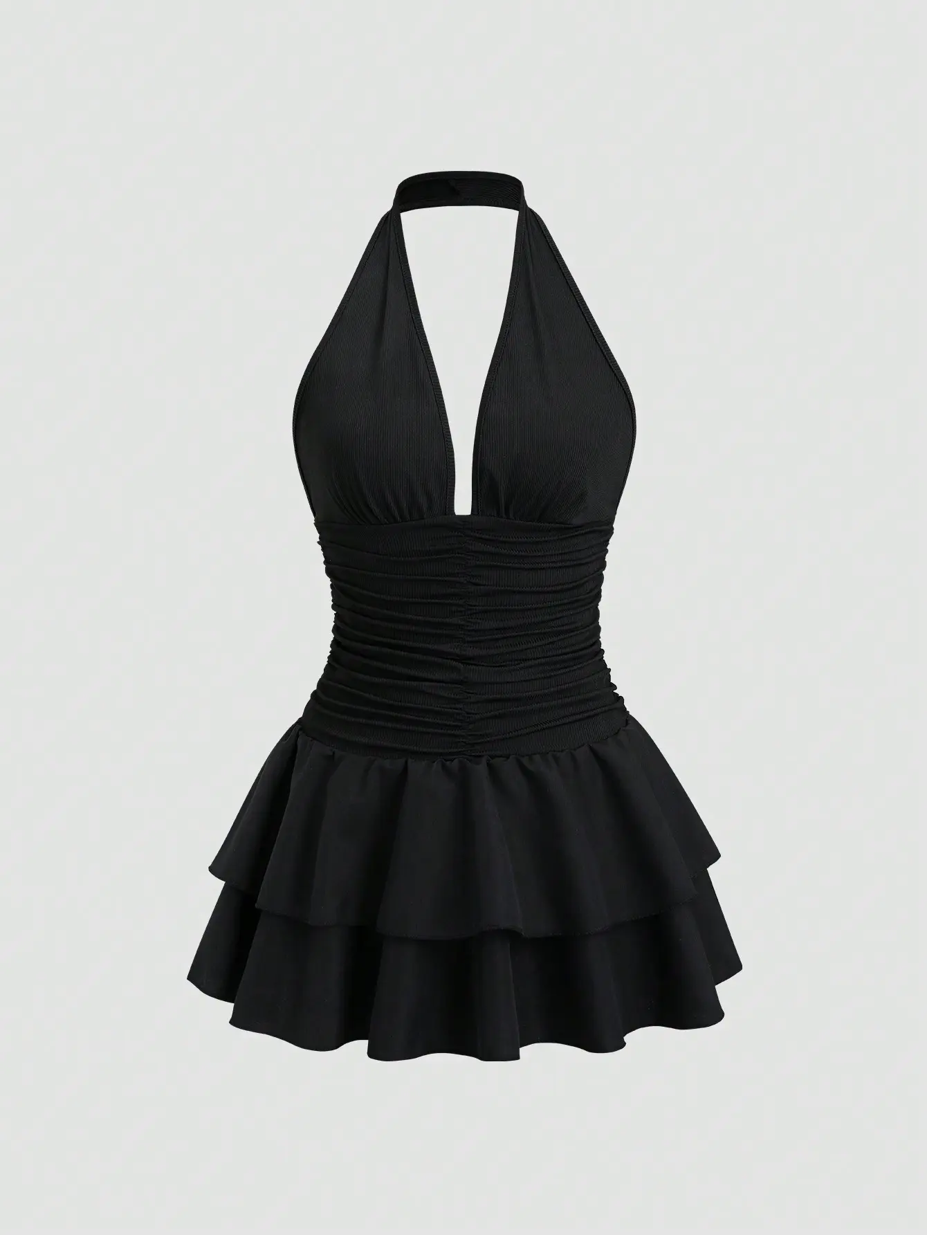 Women’s Black V-Neck Ruffle Mini Dress, Ruched Waist Backless Summer Dress for Women, 70s Retro Knit Patchwork Party Club Vacation Date Night Going Out Outfit Elegant Womenswear
