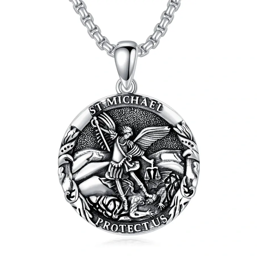 S925 Silver Saint Michael Necklace with Length 22+2 inches Width 2.5mm Stainless Steel Pearl Chain