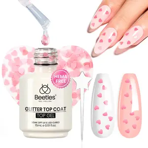 Beetles Heart Pattern Glitter Top Coat, Gel Topcoat, 15ML Hema-Free UV Top Gel Polish, Reflective Heart for Sparkle Nails Design, Nail Art & Nail Polish, Valentine's Day Gift