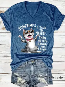 Women's Cat Graphic Print V Neck Tee, Casual Streetwear Fashion Short Sleeve Fitted T-shirt, Ladies Summer Clothes for Daily Wear, Top, Womenswear