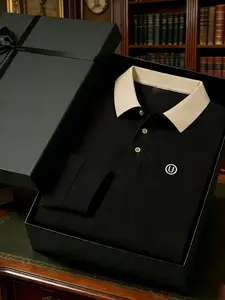 Men's Plus Size Oversized Baggy Long Sleeve Polo Shirt, Embroidered T-Shirt, Business Casual Daily Wear, Versatile All Season Top