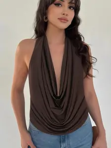 Ruched Halter Top Women Y2K Off Shoulder Brown Tank Top Summer Sexy Backless Crop Top Cowl Neck Back Lace Up Vacation Camisole Women's Tops Womenswear Elegant Club Party Outfit Casual Sleeveless Tank