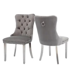 Velvet Dining Chairs Set of 2 Upholstered Tufted Dining Room Chair Kitchen Side Chairs with Nailhead Trim and Silver Plated Legs for Dining Room