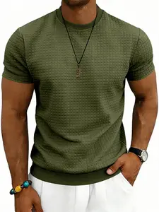 American Summer Men's Sporty Old Money Classic Style, Simple Casual Round Neck Textured Short Sleeve Top, Trendy and Comfortable Apparel