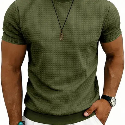 Men's Sporty Classic Simple Casual Round Neck Textured Short-Sleeve Top, American Old Money Style for Summer, Trendy and Comfortable, Short Sleeved
