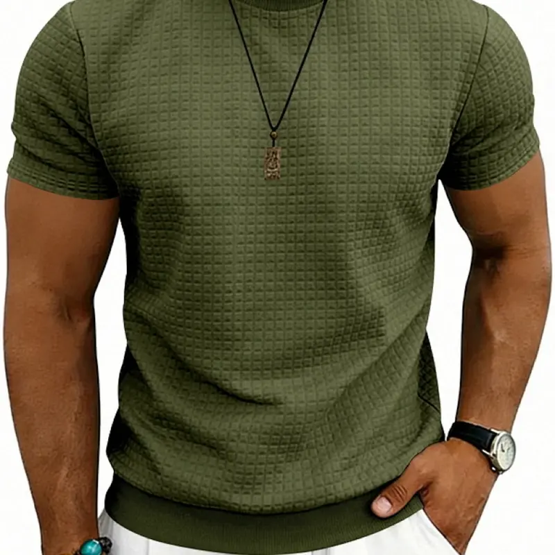 Men's Sporty Classic Simple Casual Round Neck Textured Short-Sleeve Top, American Old Money Style for Summer, Trendy and Comfortable, Short Sleeved