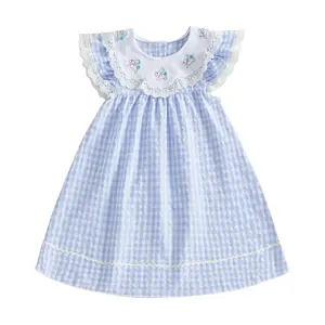 Kids Baby Girl Easter Outfit Dress Bunny Embroidery Plaid Print Flying Sleeve A Line Dress 18M 24M 2T 3T 4T 5T Toddler Girl Dresses