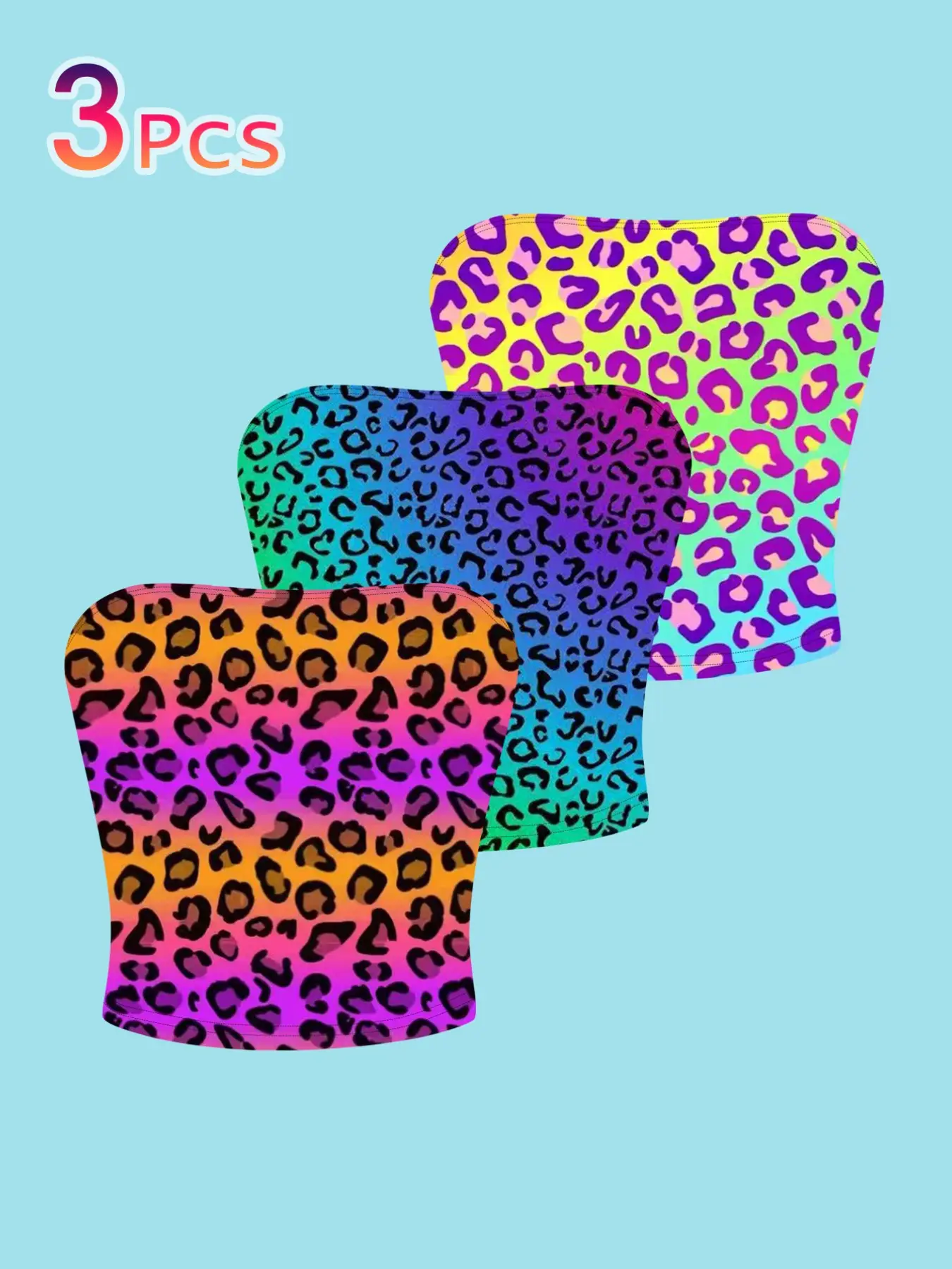 3-Pack Rainbow Gradient Leopard Tube Top, Slim-Fit Short Sleeve Backless Crop Top, Casual All-Over Print Tee for Women Bandeau Tube Tops Bandeau Cropped Tops