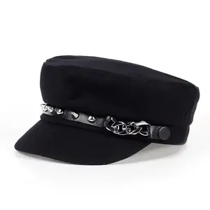 Unisex Rivet Chain Military Caps Spring Autumn Sailor Hats Women Large Black Beret Caps Men Flat Top Captain Navy Hats