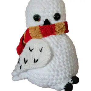 Crochet Owl Hedwig Plushie - White Plush Toy with Black Eyes, Red Scarf, and Black Beak