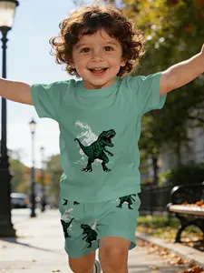 Dinosaur Strike Mint Green Dinosaur Printed T-shirt Digital Printed Infant Short Sleeve Set, Baby Casual Kids' Clothing, T-shirt Suitable for Daily and Outdoor Sports, 100% Polyester, Perfect Gift for Infants!