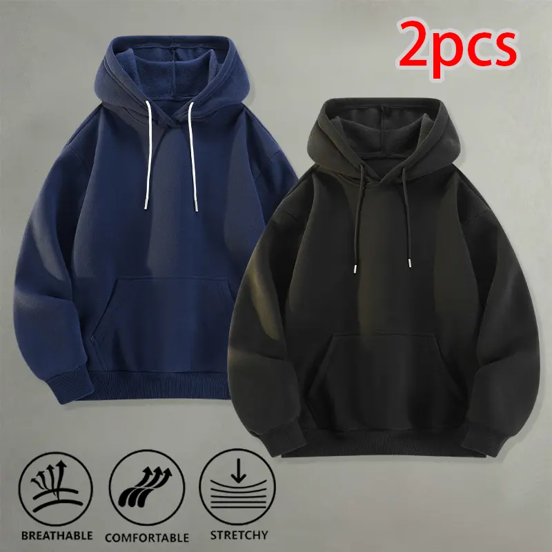 Minimalist Solid Hoodie 2Pcs Men Oversized Drawstring Hooded Sweatshirt Daily Walking Home Relax Outfit