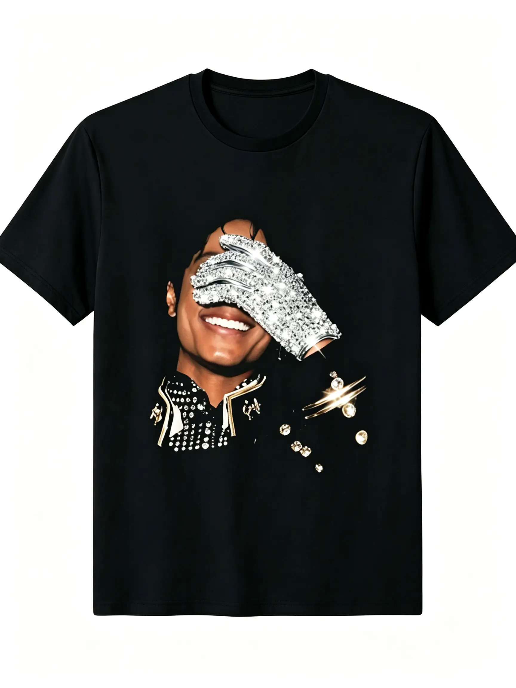 Michael Jackson Graphic T-Shirt, Casual Shortsleeve Tee for Men & Women, Soft Cotton Fabric with Shiny Rhinestone Glove, Retro Menswear