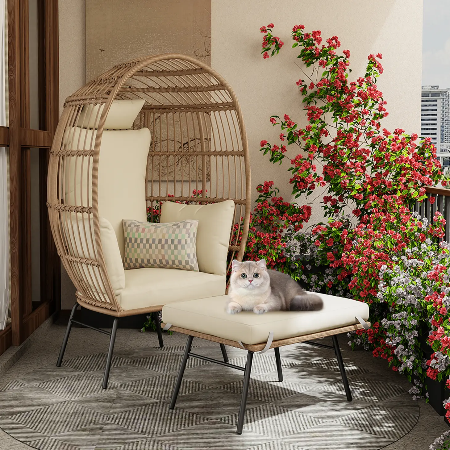 Oversized Wicker Egg Chair with Ottoman and 4 Cushions, Indoor Outdoor Rattan Lounge Chair for Patio Porch Backyard Bedroom, Boho Egg Shaped Reading Chair with Powder Coated Steel Frame, Adjustable Foot Pads and Washable Covers