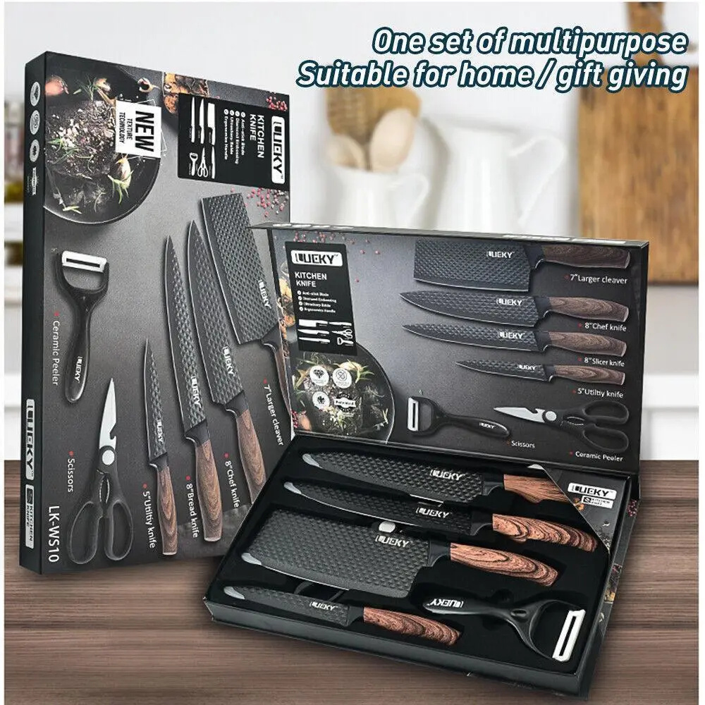 【BackToSchool】 6pcs Kitchen Knives Set Non-Stick Stainless Steel Chef Knife Cleaver Cooking Kit, Japanese Damascus Pattern Steel Chef Knife Kitchen Knives