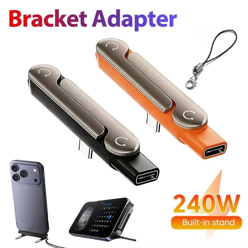 240W USB-C Fast Charging Cable with Foldable Phone Stand, 90 °   Right Angle Nylon Braided Cord, Portrait & Landscape Viewing for Gaming, Work & Entertainment desk  mount