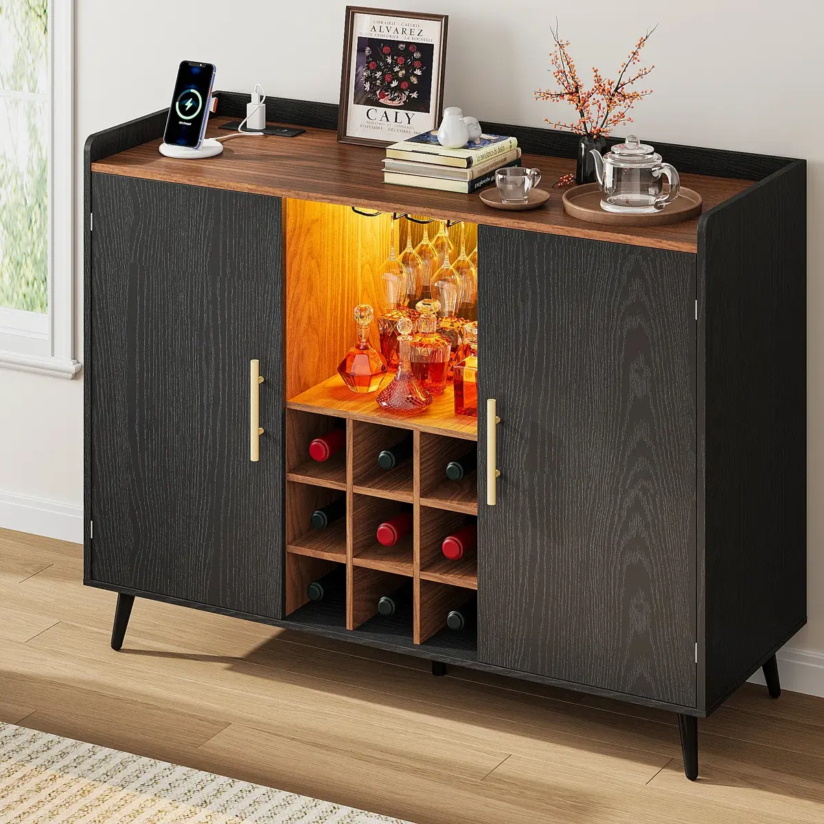 IRONCK Freestanding Display Compartment Illuminated Wine Cabinet, 47.2"W×17.7"D×36.2"H Walnut Veneer, 9-Grid Wine Rack, Adjustable Shelves, LED Lighting, Glass Holder, Clean Lines - Indoor Liquor Storage for Kitchen, Living Room, Display Wine Cabinets, Co