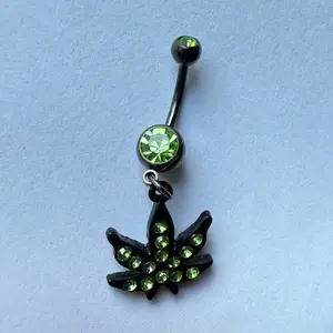 Green Leaf Belly Ring with Sparkling Green Crystal Accent and Black Finish