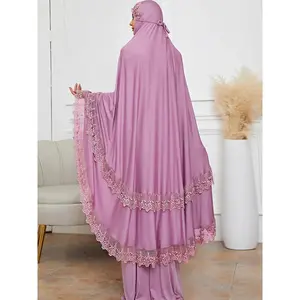 Ramadan  Long Khimar Muslim Abaya Women Prayer Garment Saudi Prayer Dress Lace Trim Silky 2 Piece Skirt Sets Eid Niqab jilbab