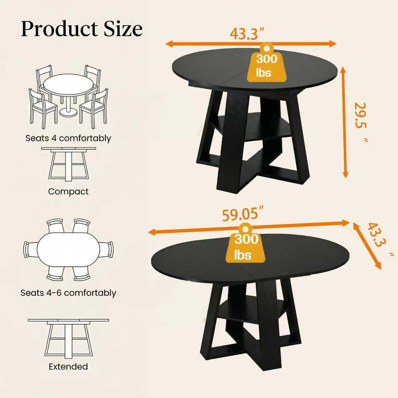 Extendable Round Dining Table for 4-8, Space Saving Kitchen Table with Storage Shelf, Modern Oval Expandable Table 300 lbs Capacity, Easy Assembly, Black