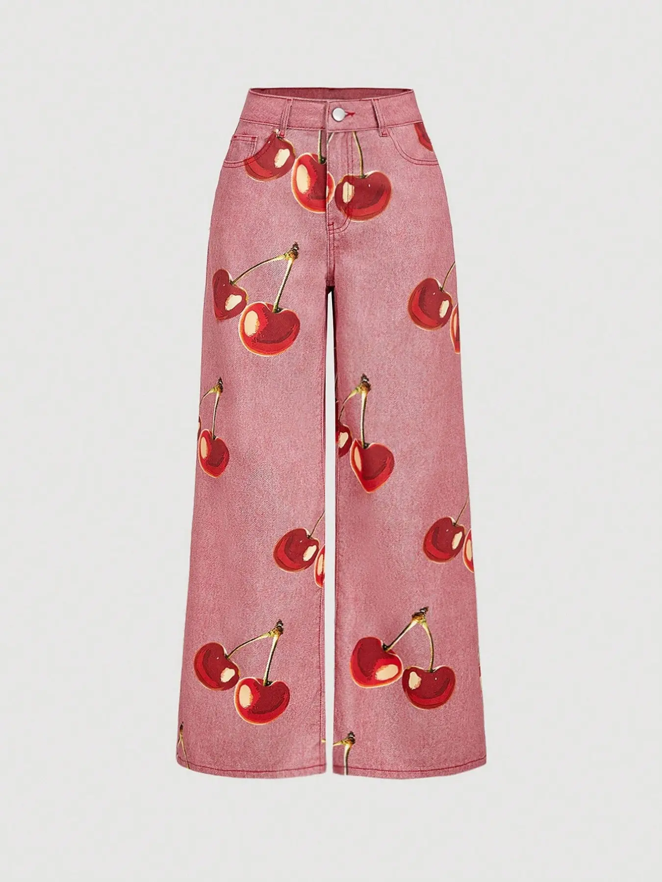 Sweet Girl Style Cherry Print Wide Leg Jeans High Waist Slimming Straight Pants, Casual Fashion Denim Trousers for Women, Day Wear Jeans Denim Loose Jeans