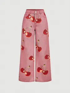Sweet Girl Style Cherry Print Wide Leg Jeans High Waist Slimming Straight Pants, Casual Fashion Denim Trousers for Women, Day Wear Jeans