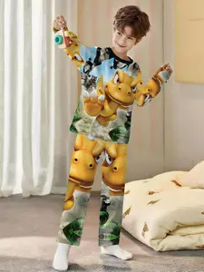 Cute Dragon Adventure 2-Piece Boys' Digital Printed Long-Sleeve Pajamas with Extended Sleep Pants, Flame-Retardant Fabric, Stylish, Trendy, Casual, Comfortable and Soft Pajama Set