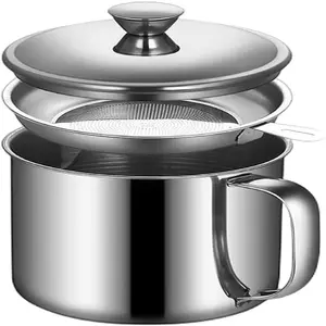1.3L Grease Container with Fine Mesh Strainer kitchen oil storage tank pot, 5 Cups Stainless Steel Grease Keeper with Oil Fat Separator