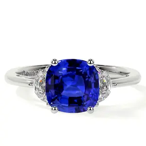 Three Stone Square Cushion Untreated Blue Sapphire Ring with Prong Set Half Moon Side Diamonds (1.40cttw)- RBS008-6X6-AAAAA