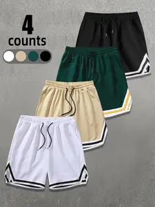 Men's Patchwork Striped Drawstring Waist Sports Shorts, Casual Loose Pocket Shorts for Summer, Men's Bottoms for Daily Wear