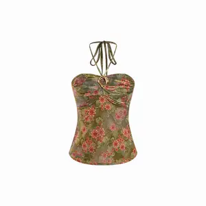 Cider Floral Halter Neckline Metal Button Shirred Top
