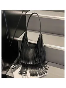 Trendy Fringe Crescent Shoulder Bag - Faux Leather Tassel Hobo Bag, Elegant Evening & Casual Daily Handbag