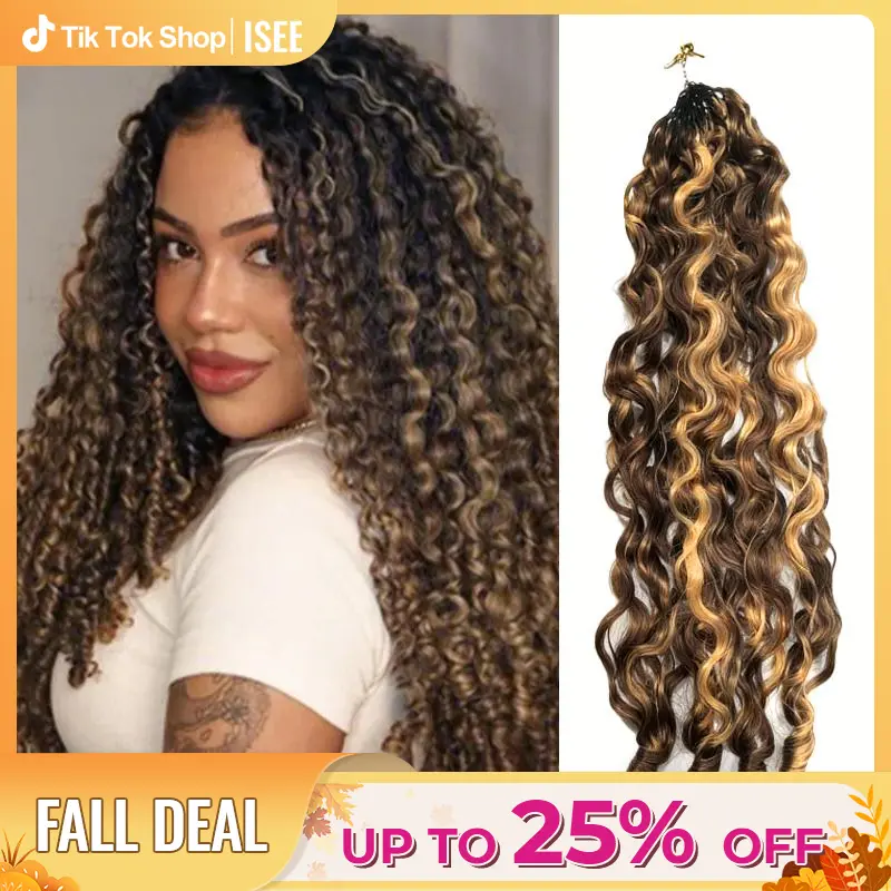 ISEE HAIR Burmese Curly Crochet Hair Human Hair Extensions Highlight Brown/Natural Black 32-38 Strands Per Pack Pre-Separated Miracle Knots Boho Knotless Braids Protective Style Easy DIY Install Lightweight Natural Blend#TikTokShopFallDealsForYou
