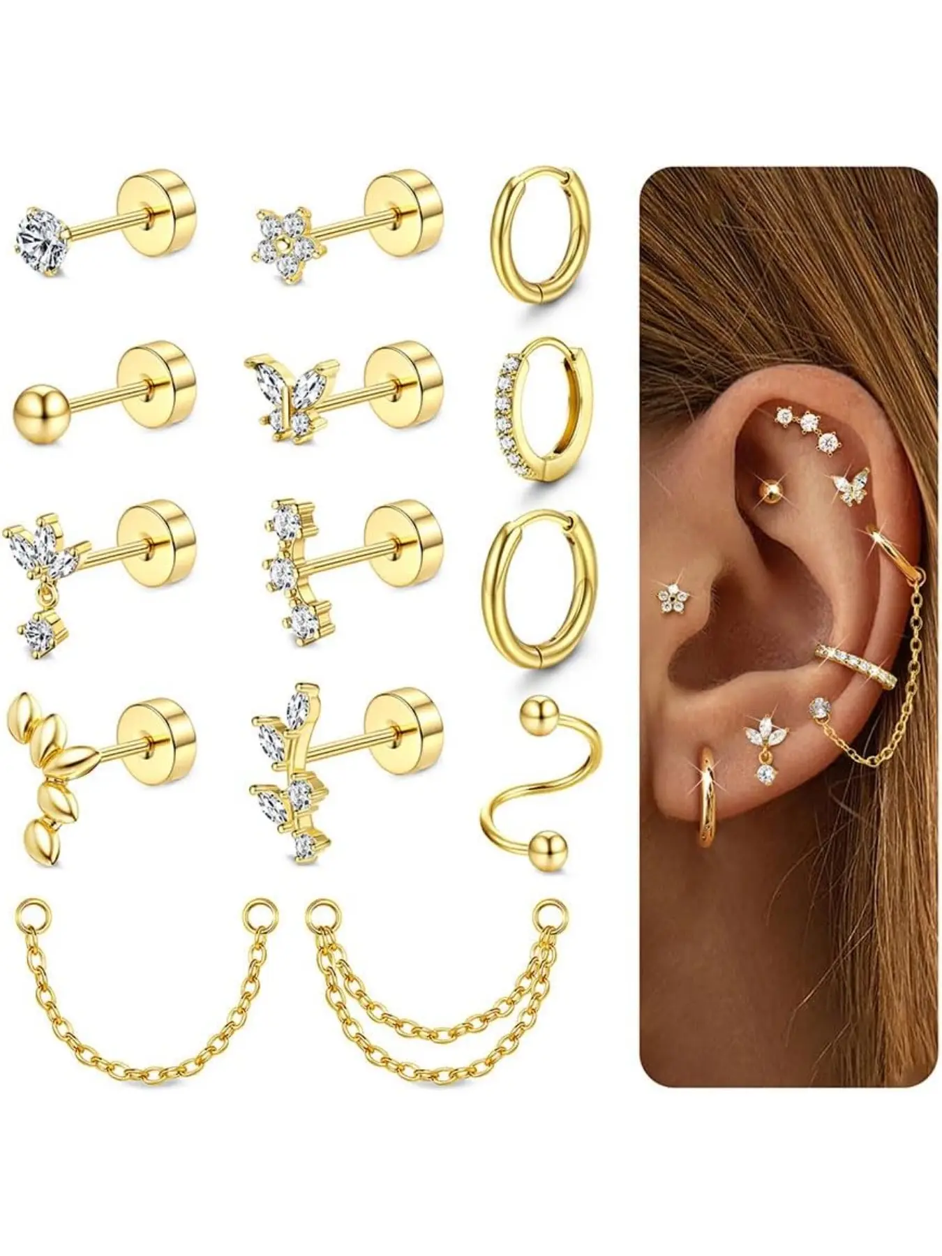 Cartilage Earrings for Women - Gold Plated Flat Back Helix Conch Tragus Piercing Jewelry Flat Pierced Earring Single Stainless Steel Stud Earrings Hoops Stackable Set Ear Studs Earring Stacking Set