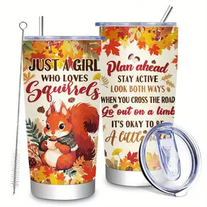 20oz Stainless Steel Thanksgiving Squirrel Tumbler with Lid - Insulated, Reusable Coffee Cup for Pet Lovers, Autumn Leaves & Mushroom Design, Ideal Gift for Women, Squirrel Gifts