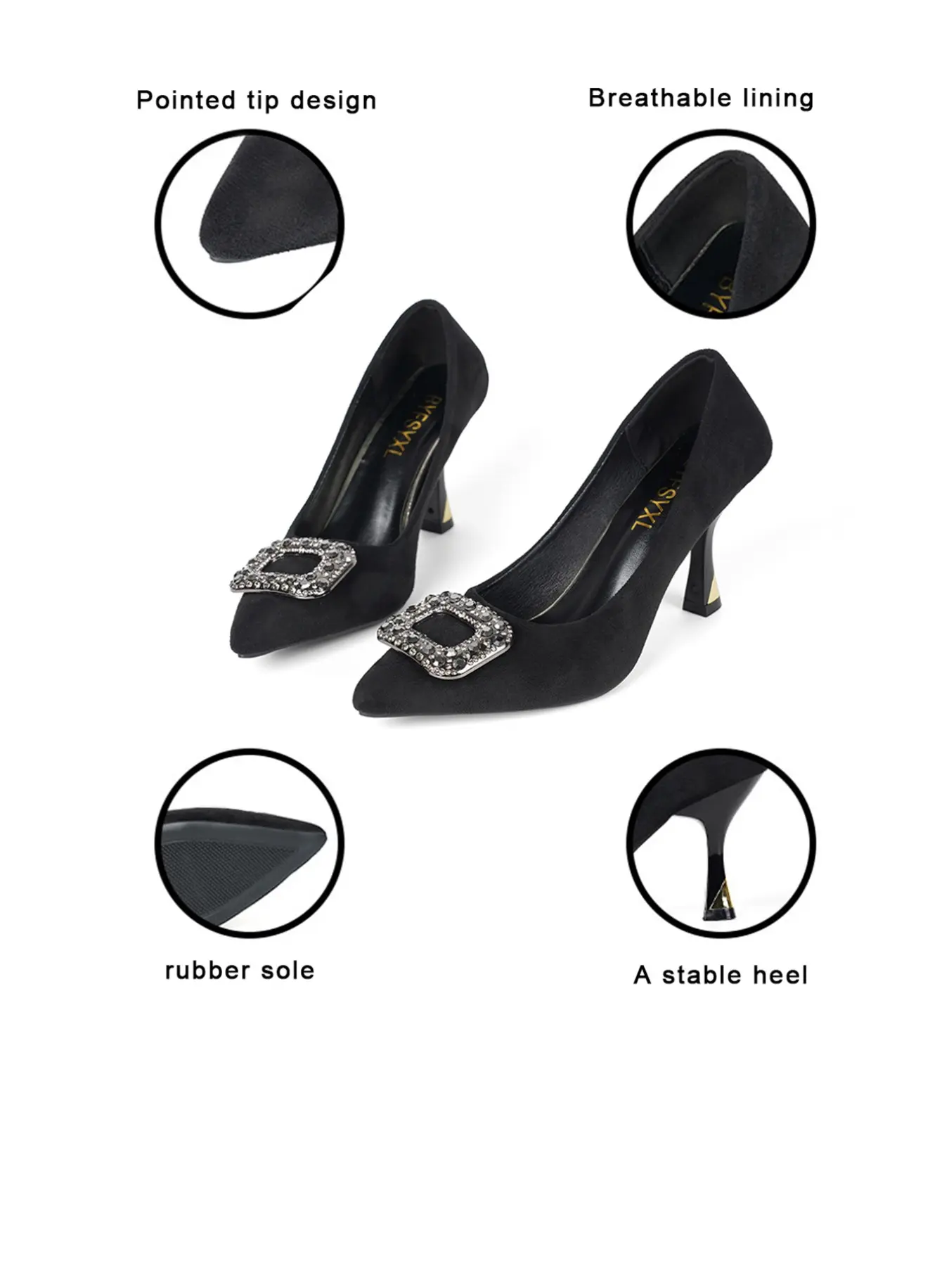New Women's High Heel Shoes, Stiletto Pointed Toe, Classy Elegant Rhinestone Accent, Comfortable Fit, Casual & Professional Wear, All Seasons, Rubber