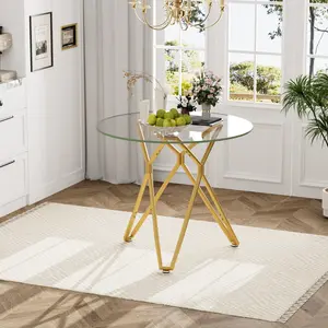 35.4-inch round tempered glass dining table, suitable for 1-4 people, space-saving small kitchen dining table, equipped with sturdy metal table legs, suitable for dining room, living room,Gold
