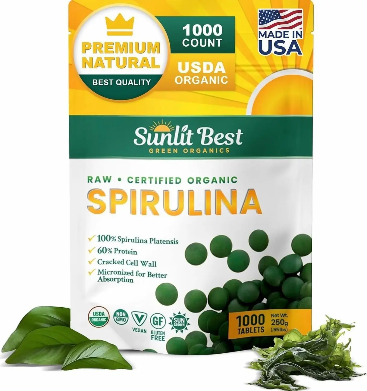 Sunlit Best - USDA Organic Spirulina Tablet - Natural Super Greens Supplements for Immune Support, Gut Health & Boost Energy Tablets with Chlorophyll, Vegan & High Protein Non GMO, 1000 Superfood Tabs