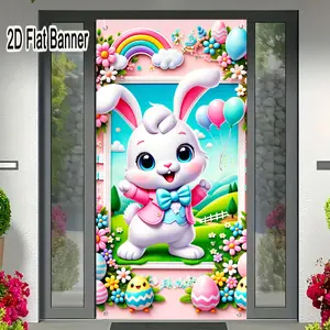 2D flat banner, 1pcCute Cartoon White Bunny Easter Backdrop - Pastel Balloons Rainbow Fence Egg Decor Party Bannergalentines party decor, valentine day decor, decorations for valentines day